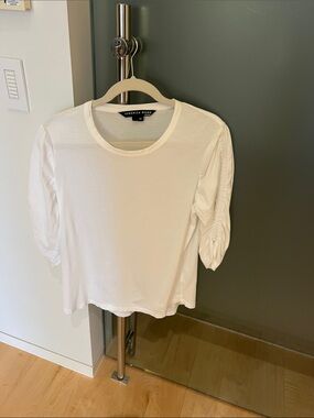 Veronica Beard White Short Sleeve Crewneck with Ruched Sleeves